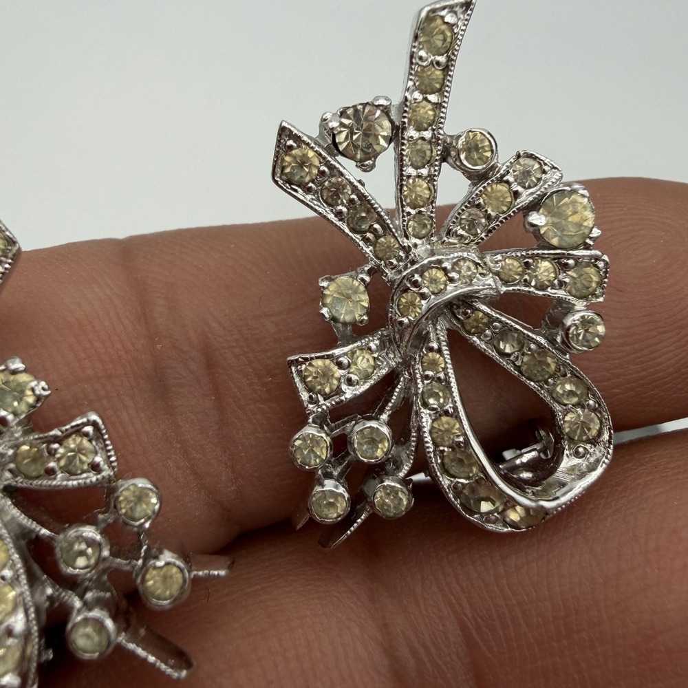 Vtg PANETTA  Rhinestone Earrings Floral Bow Signed Read - Picture 8 of 13